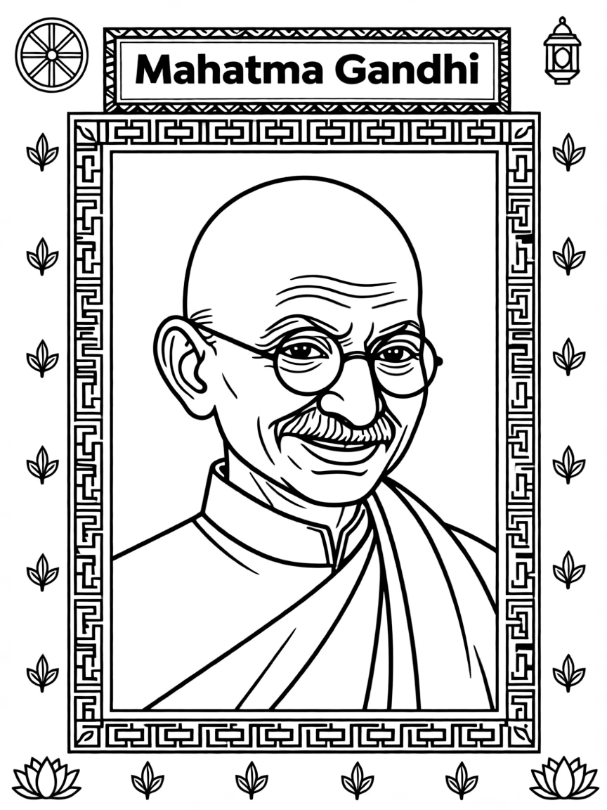 A portrait of Mahatma Gandhi with a big smile, framed with decorative borders and symbols of their time period.