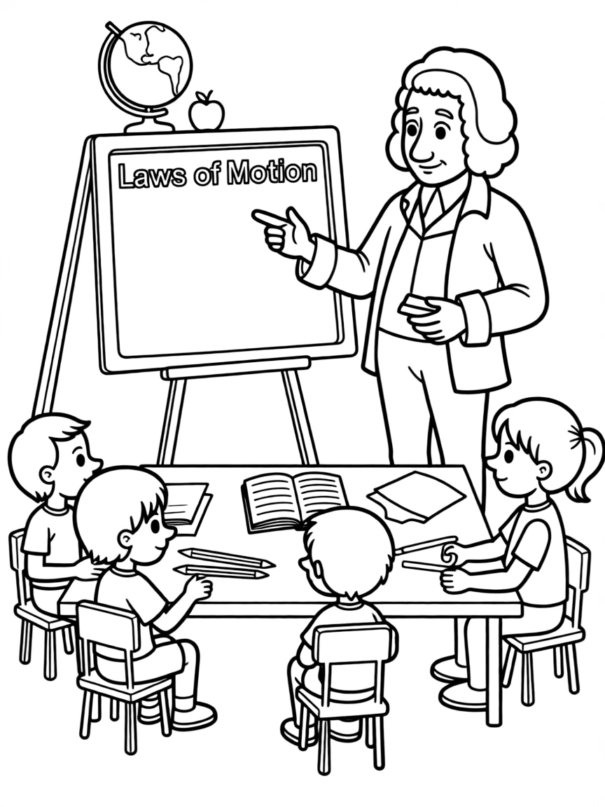 Isaac Newton teaching children, with educational items like chalkboards and pencils, in a friendly classroom scene.