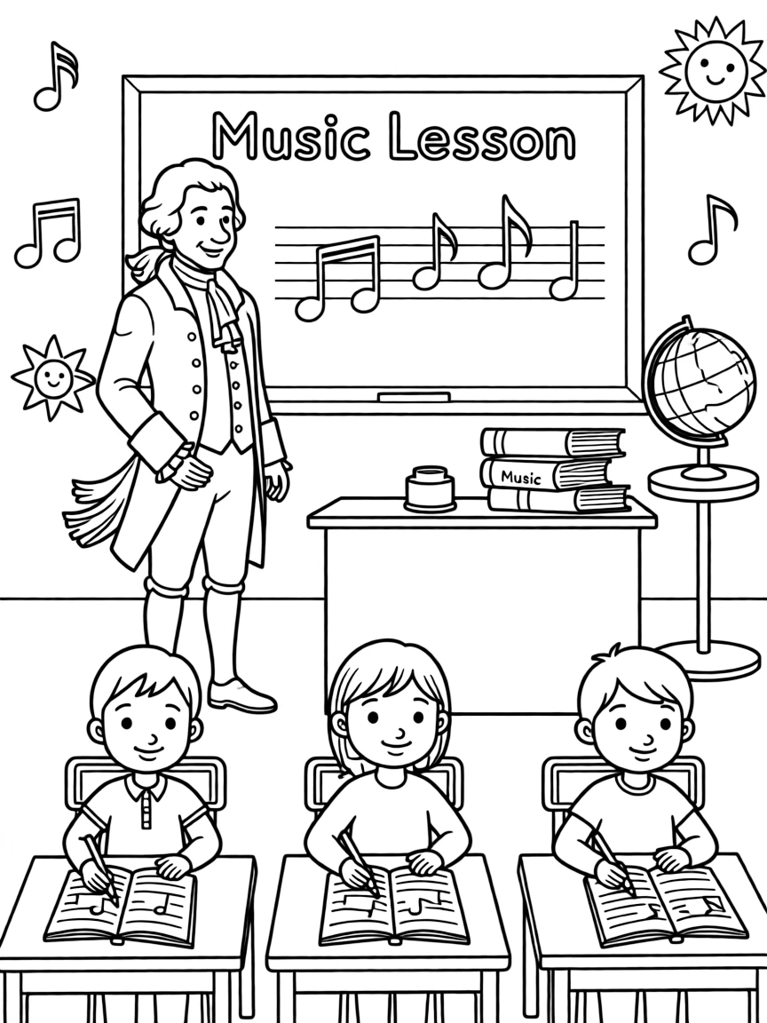 Mozart teaching children, with educational items like chalkboards and pencils, in a friendly classroom scene.
