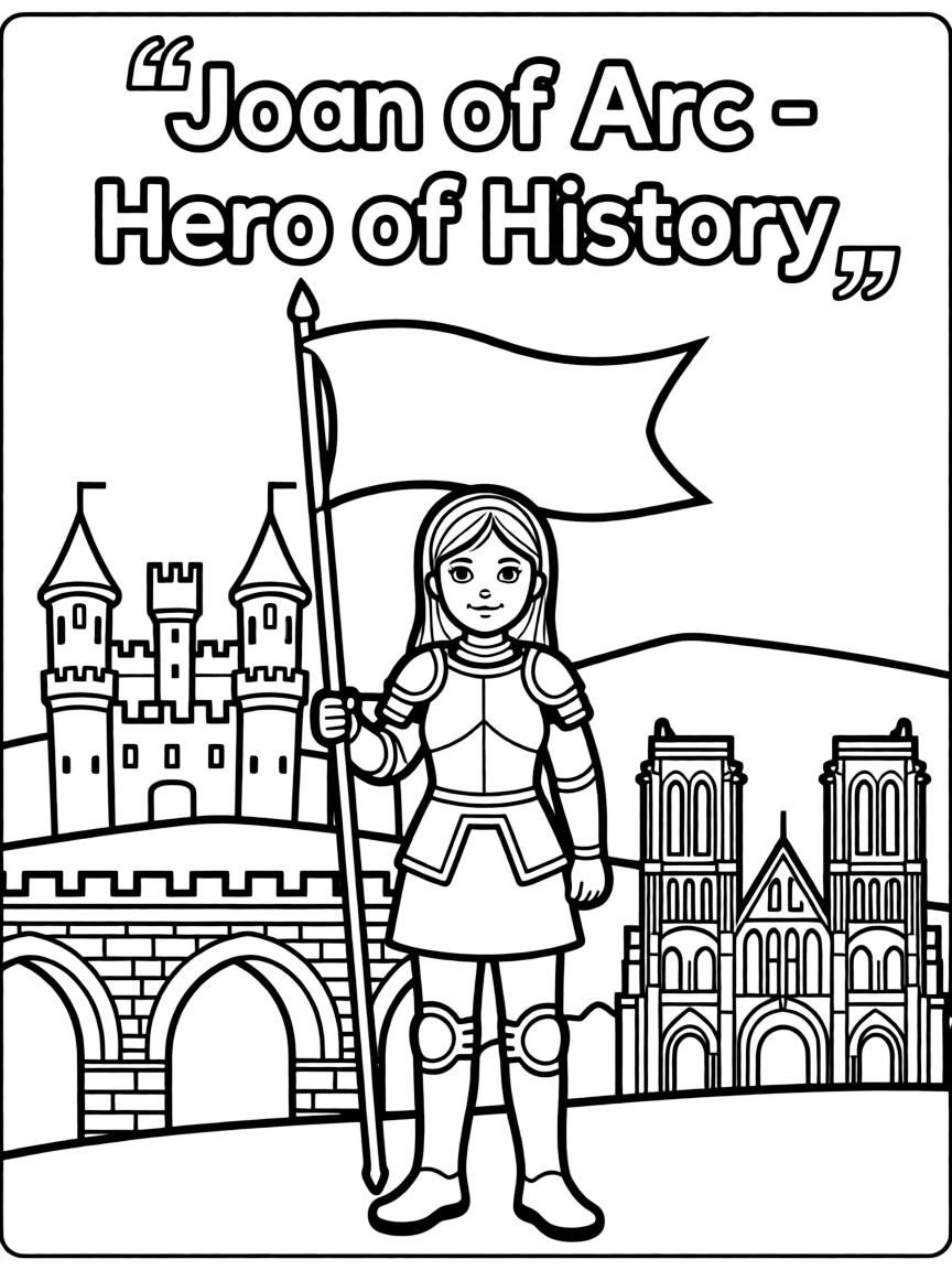 Joan of Arc standing proudly with historical landmarks in the background.