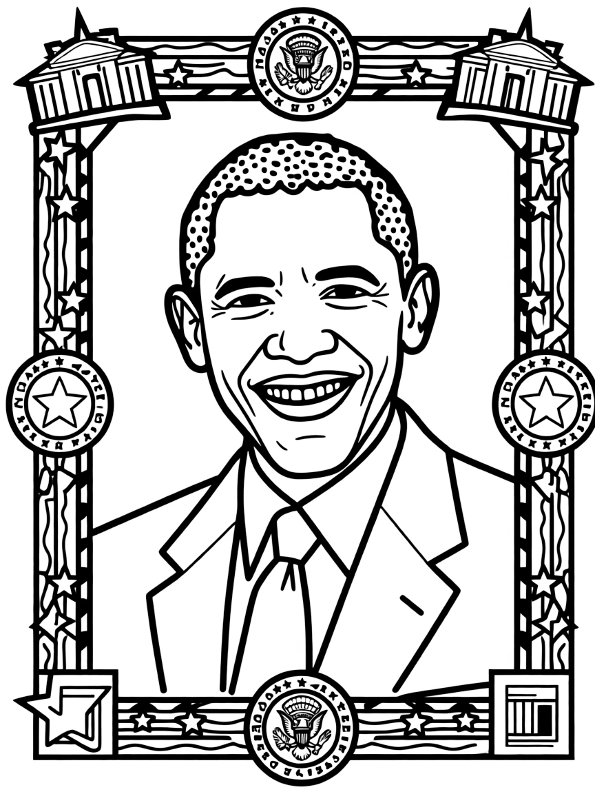 A portrait of Barack Obama with a big smile, framed with decorative borders and symbols of their time period.