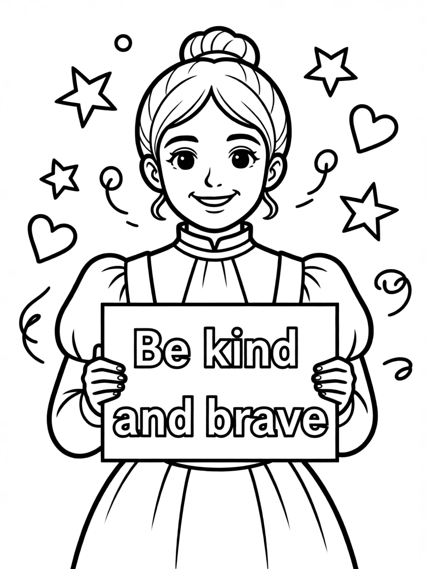 A cute coloring page of Ada Lovelace holding a sign about kindness or bravery, with stars and doodles around.