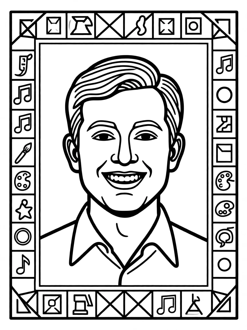A portrait of Pablo Picasso with a big smile, framed with decorative borders and symbols of their time period.