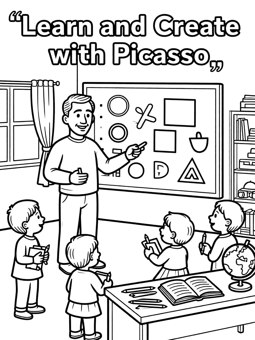 Pablo Picasso teaching children, with educational items like chalkboards and pencils, in a friendly classroom scene.