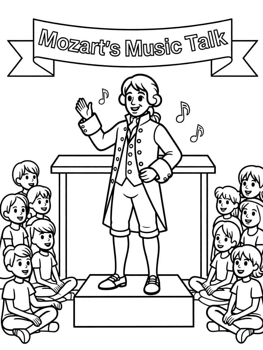 A fun coloring page of Mozart giving a speech to children.