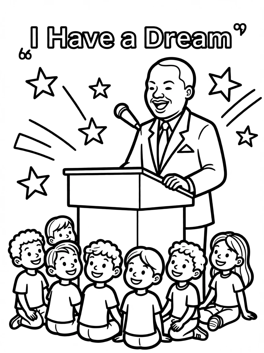 A fun coloring page of Martin Luther King Jr. giving a speech to children.