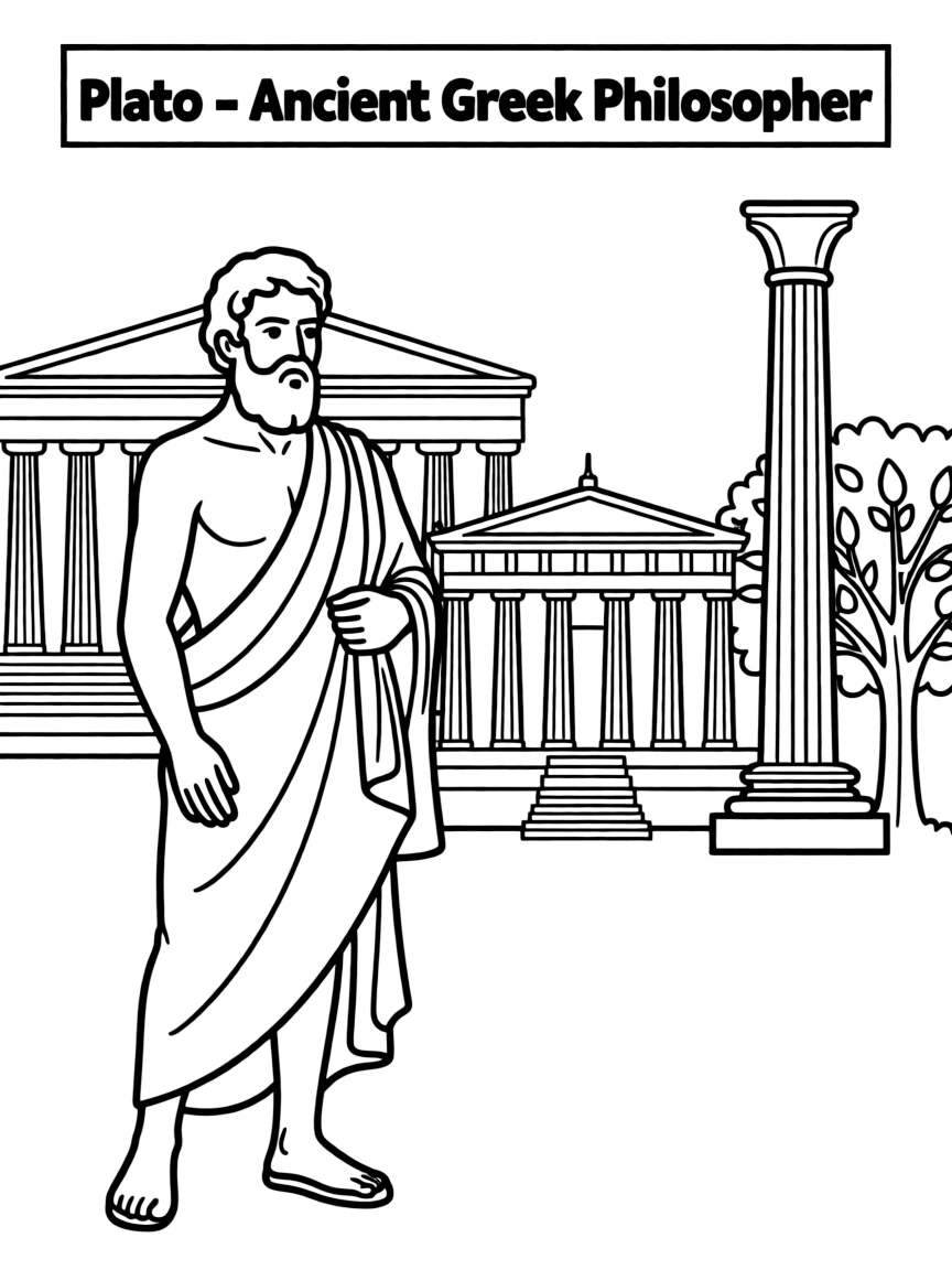Plato standing proudly with historical landmarks in the background.