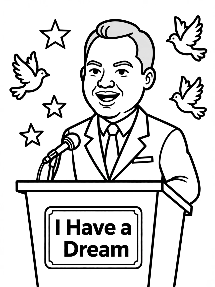 A cartoon-style drawing of Martin Luther King Jr..