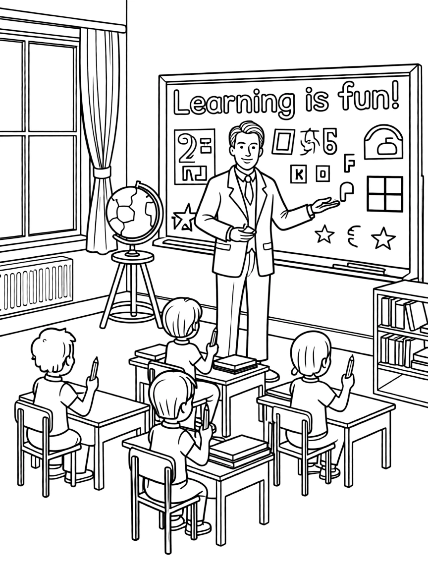 Theodore Roosevelt teaching children, with educational items like chalkboards and pencils, in a friendly classroom scene.