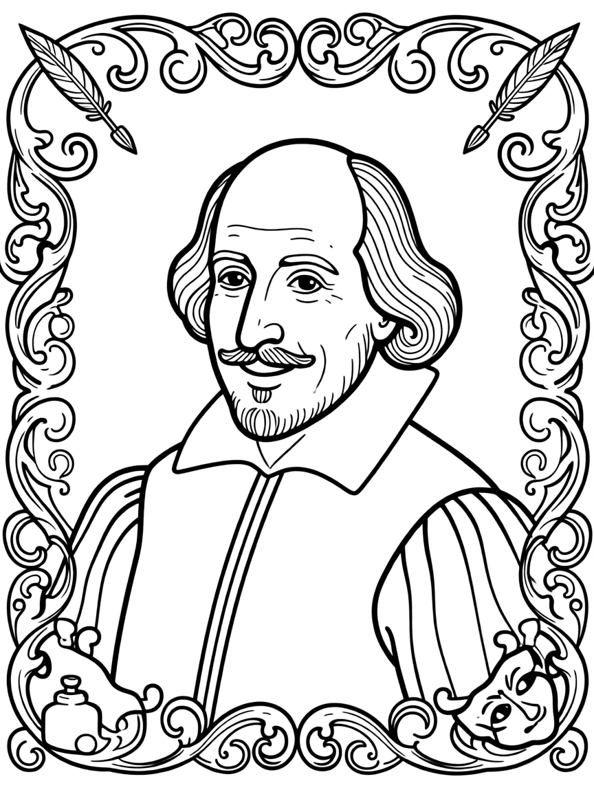 A portrait of William Shakespeare with a big smile, framed with decorative borders and symbols of their time period.