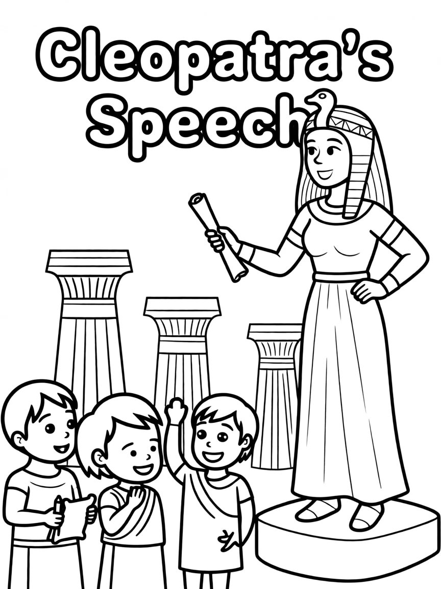 A fun coloring page of Cleopatra giving a speech to children.