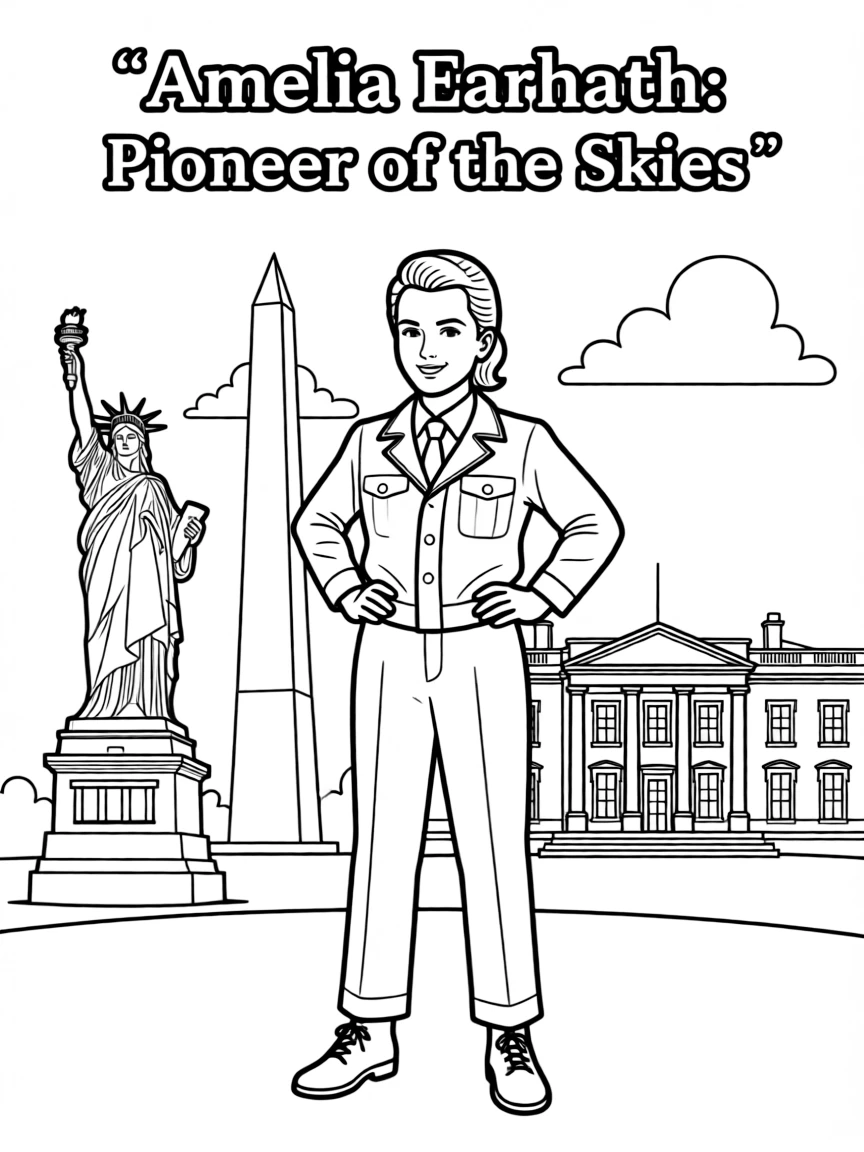 Amelia Earhart standing proudly with historical landmarks in the background.