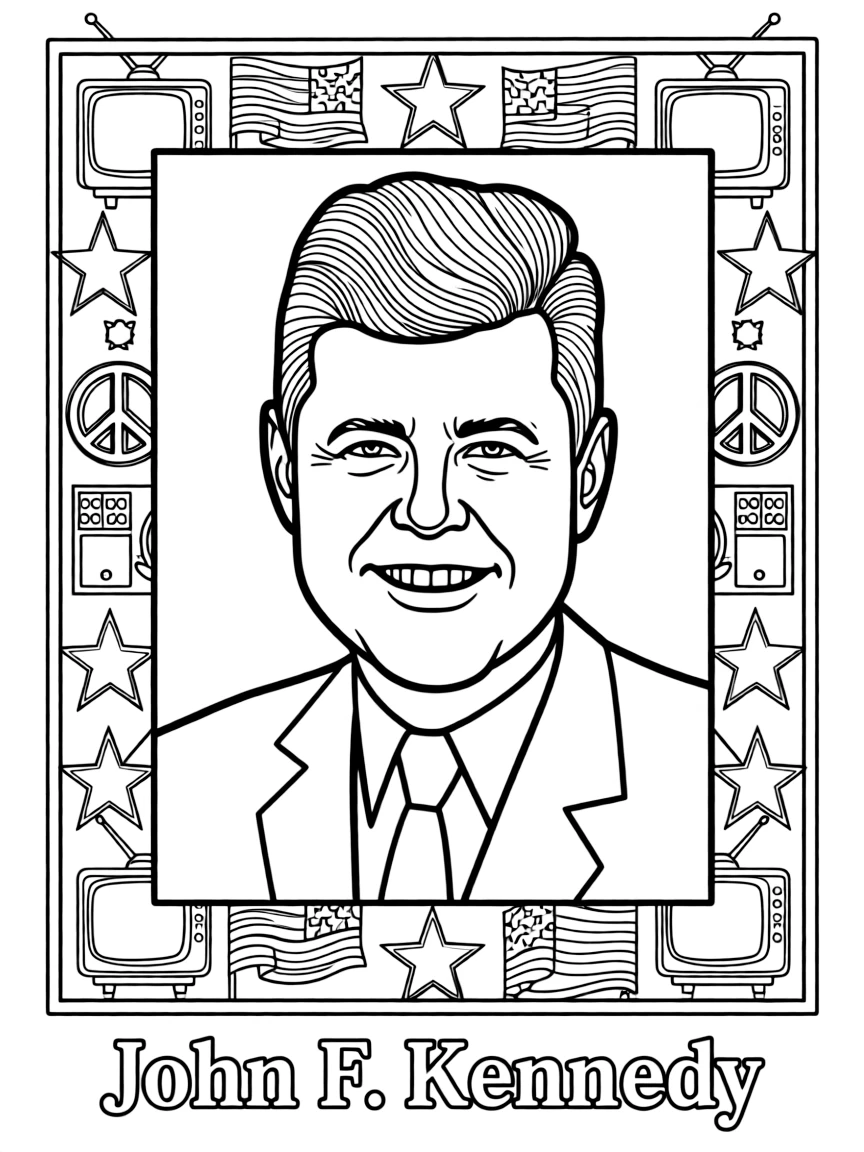 A portrait of John F. Kennedy with a big smile, framed with decorative borders and symbols of their time period.
