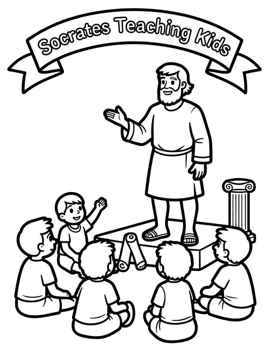 A fun coloring page of Socrates giving a speech to children.