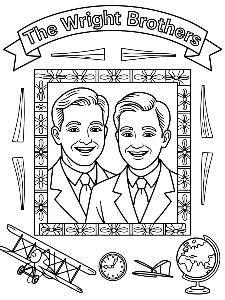 A portrait of The Wright Brothers with a big smile, framed with decorative borders and symbols of their time period.