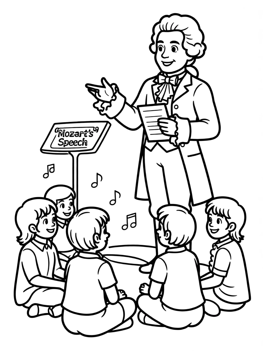 A fun coloring page of Mozart giving a speech to children.