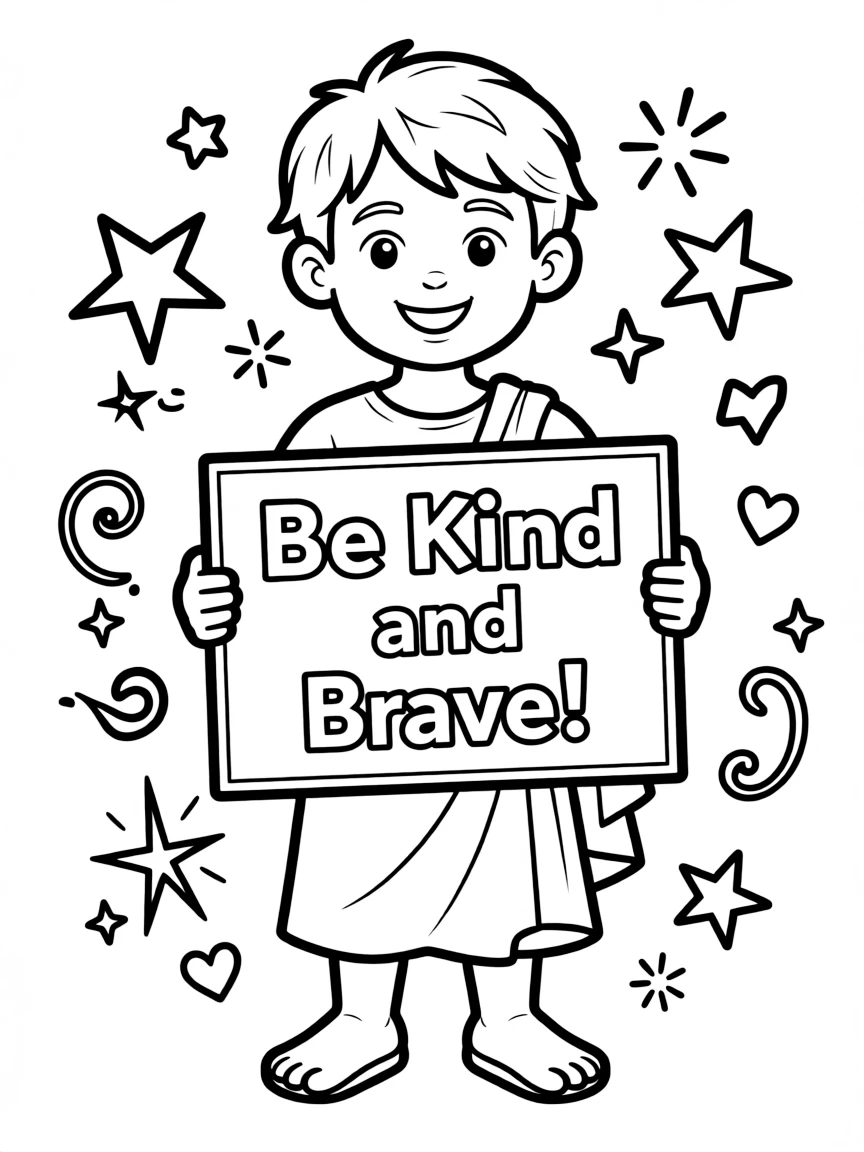 A cute coloring page of Plato holding a sign about kindness or bravery, with stars and doodles around.