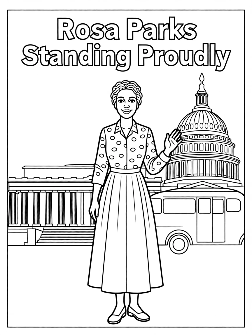 Rosa Parks standing proudly with historical landmarks in the background.