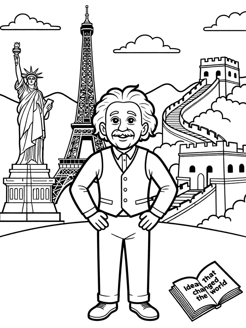 Albert Einstein standing proudly with historical landmarks in the background.