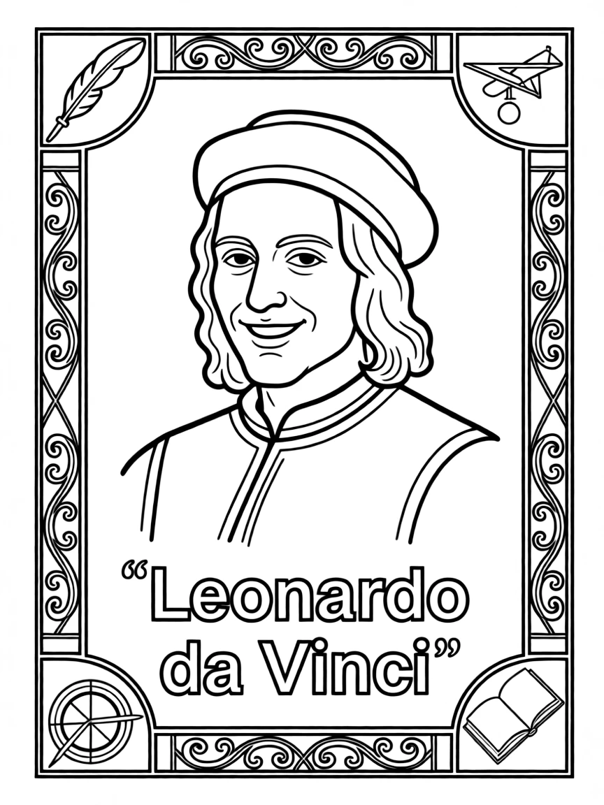 A portrait of Leonardo da Vinci with a big smile, framed with decorative borders and symbols of their time period.