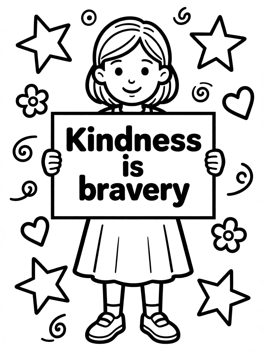 A cute coloring page of Rosa Parks holding a sign about kindness or bravery, with stars and doodles around.