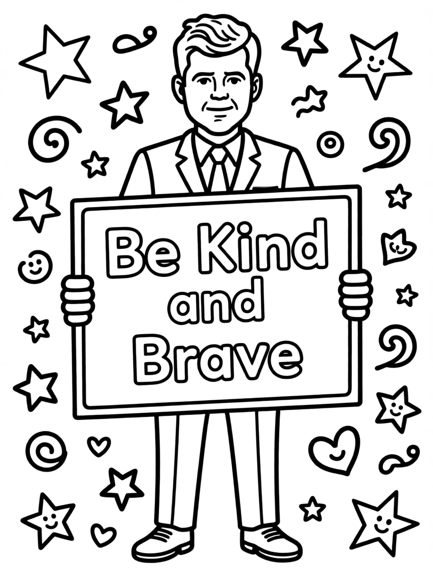 A cute coloring page of John F. Kennedy holding a sign about kindness or bravery, with stars and doodles around.