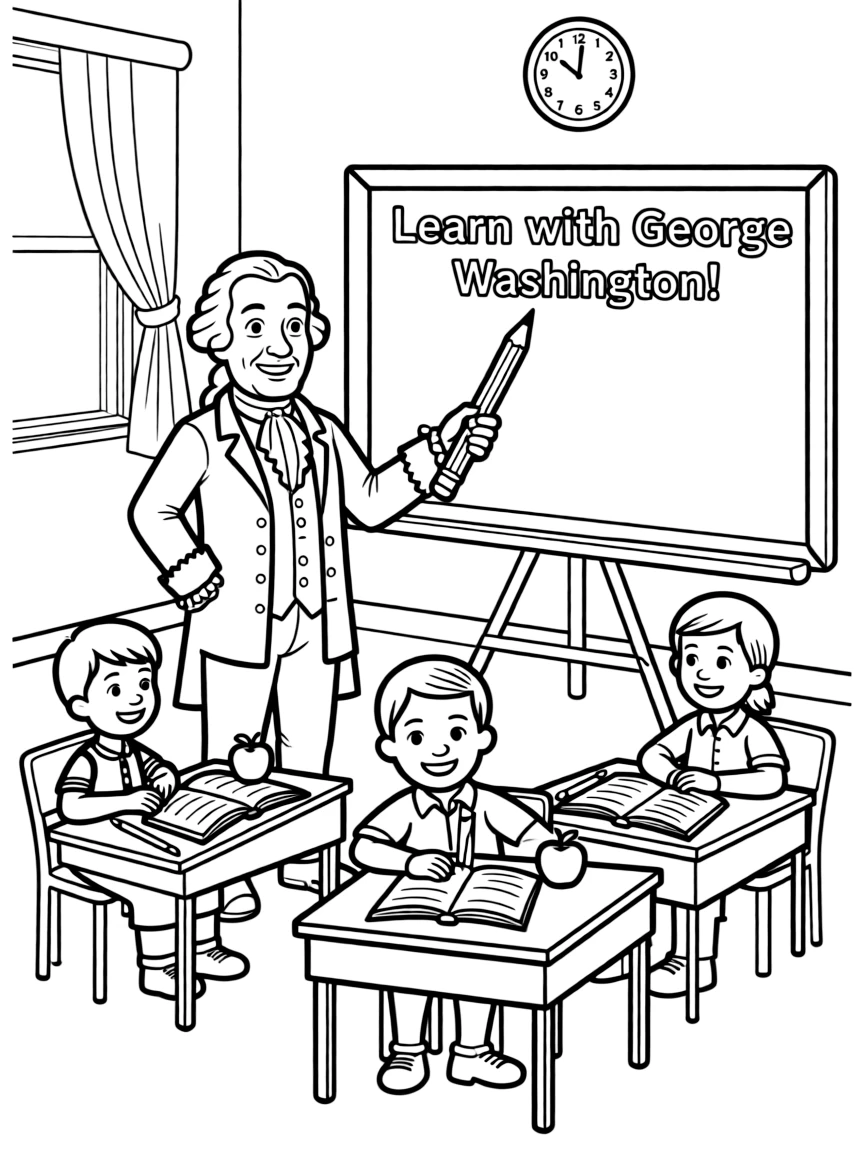 George Washington teaching children, with educational items like chalkboards and pencils, in a friendly classroom scene.