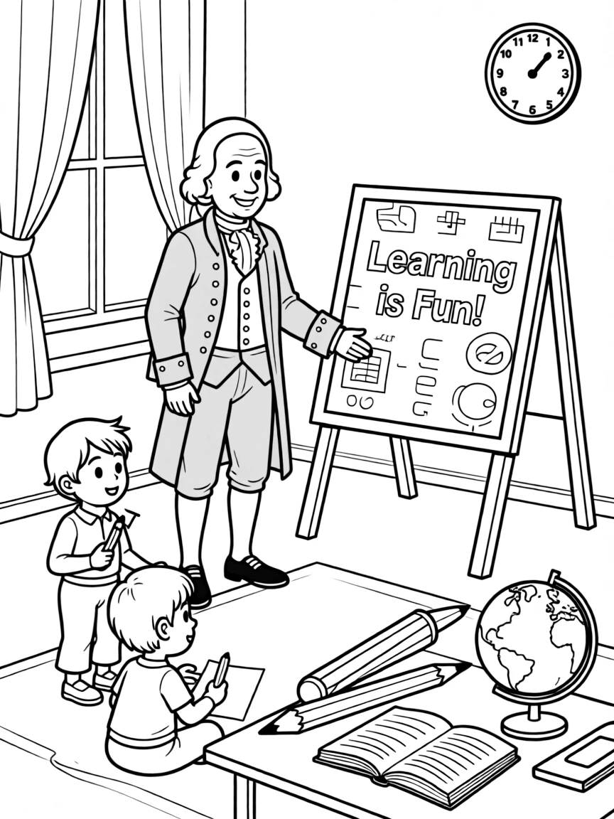 Benjamin Franklin teaching children, with educational items like chalkboards and pencils, in a friendly classroom scene.