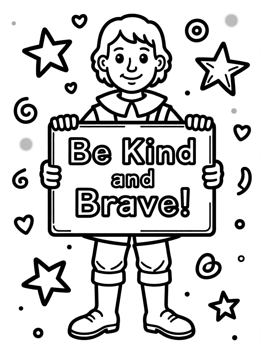 A cute coloring page of Christopher Columbus holding a sign about kindness or bravery, with stars and doodles around.