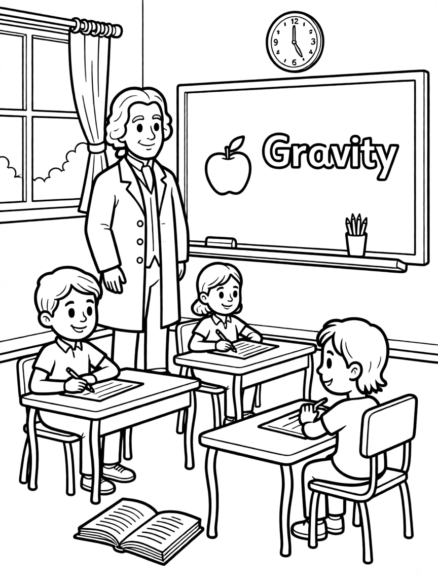 Isaac Newton teaching children, with educational items like chalkboards and pencils, in a friendly classroom scene.