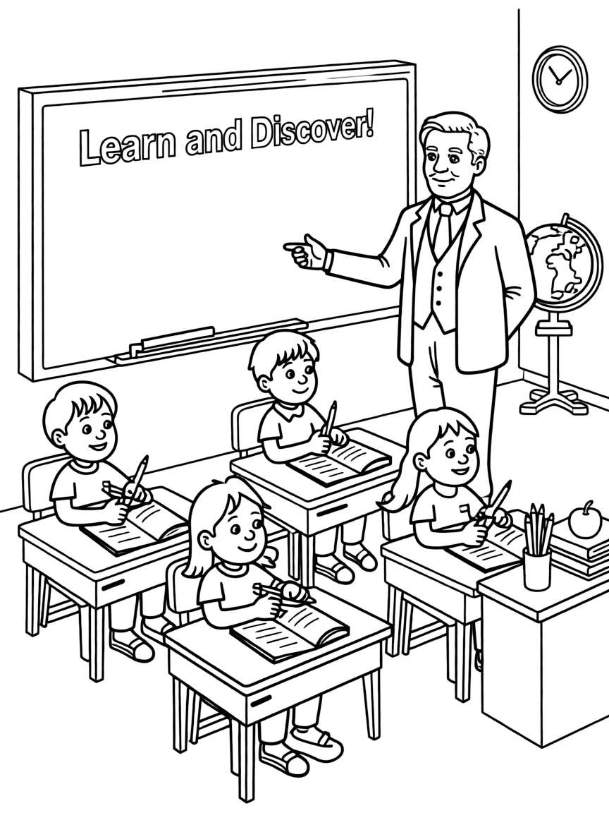 Thomas Edison teaching children, with educational items like chalkboards and pencils, in a friendly classroom scene.