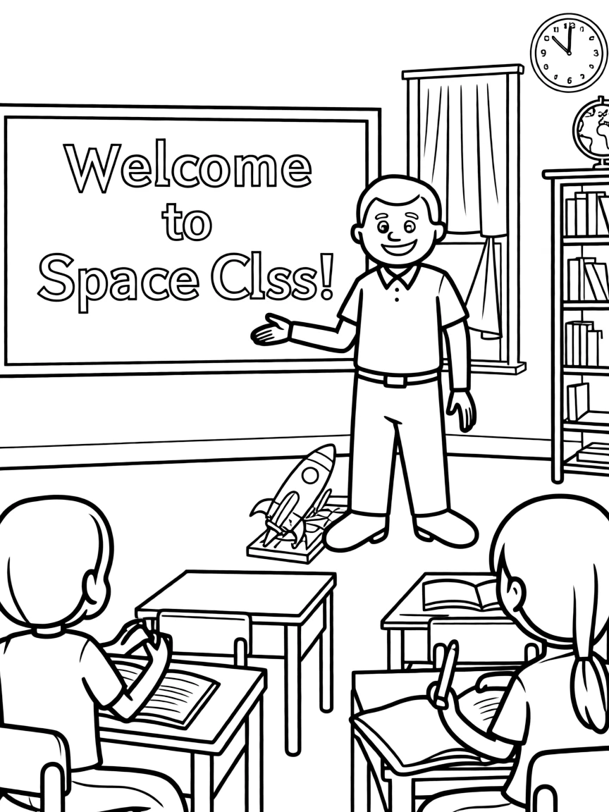 Neil Armstrong teaching children, with educational items like chalkboards and pencils, in a friendly classroom scene.