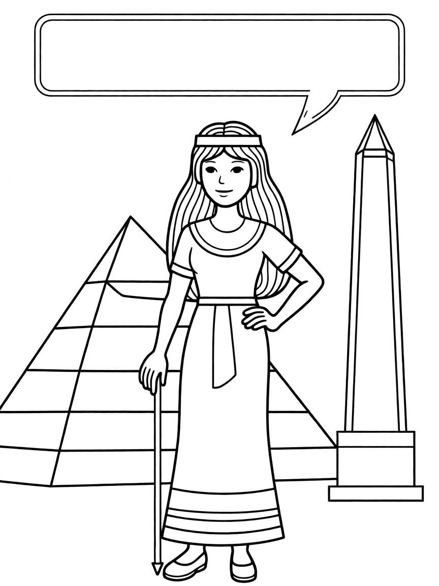 Cleopatra standing proudly with historical landmarks in the background.