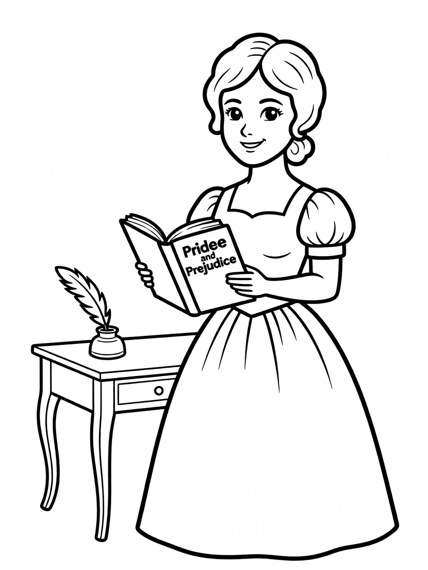 A cartoon-style drawing of Jane Austen.