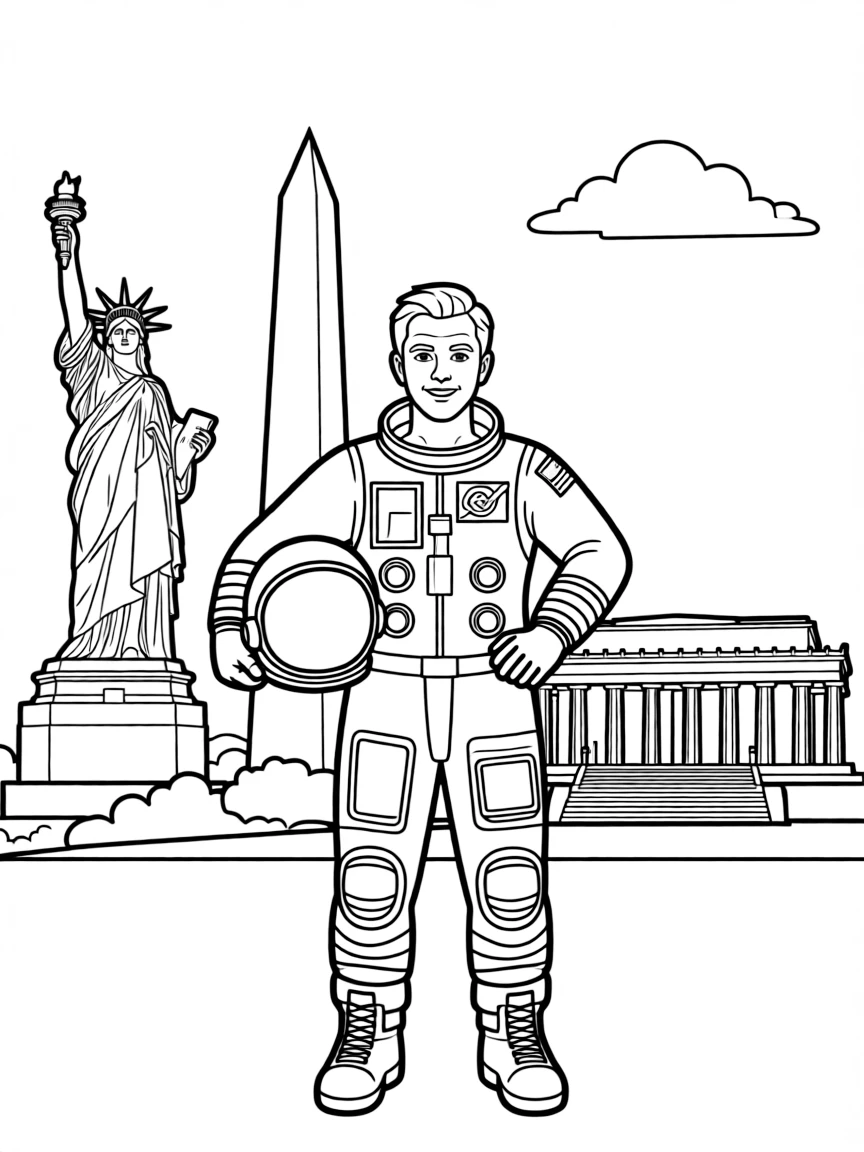Neil Armstrong standing proudly with historical landmarks in the background.