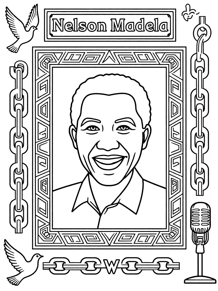 A portrait of Nelson Mandela with a big smile, framed with decorative borders and symbols of their time period.