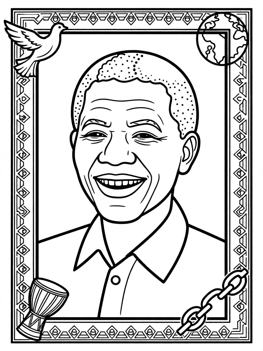 A portrait of Nelson Mandela with a big smile, framed with decorative borders and symbols of their time period.