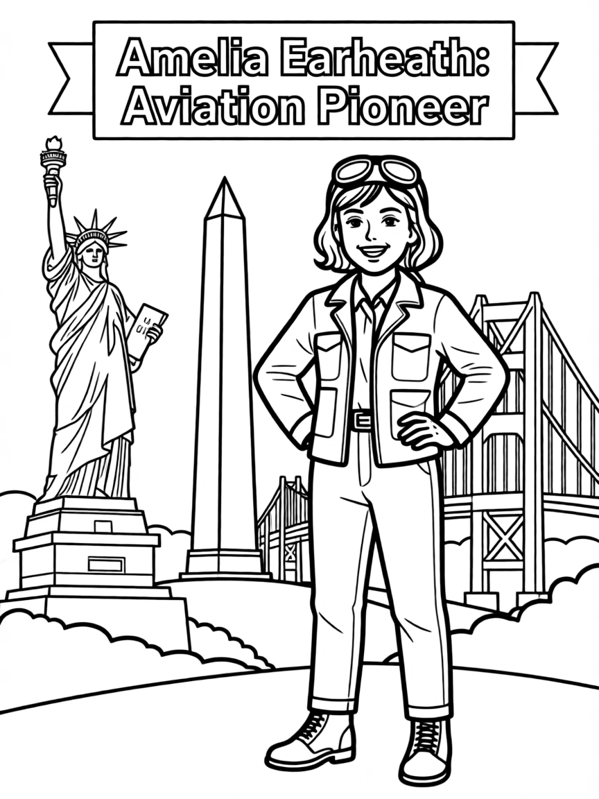 Amelia Earhart standing proudly with historical landmarks in the background.