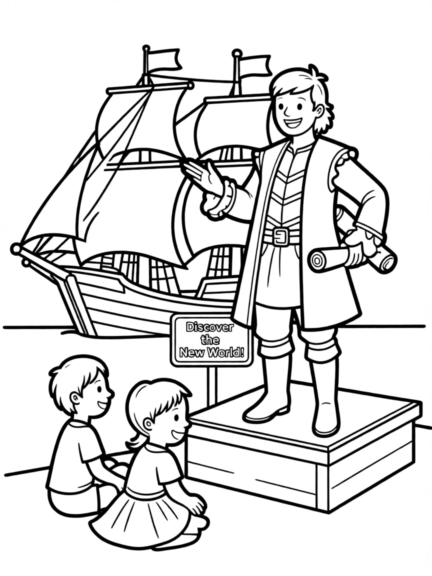 A fun coloring page of Christopher Columbus giving a speech to children.