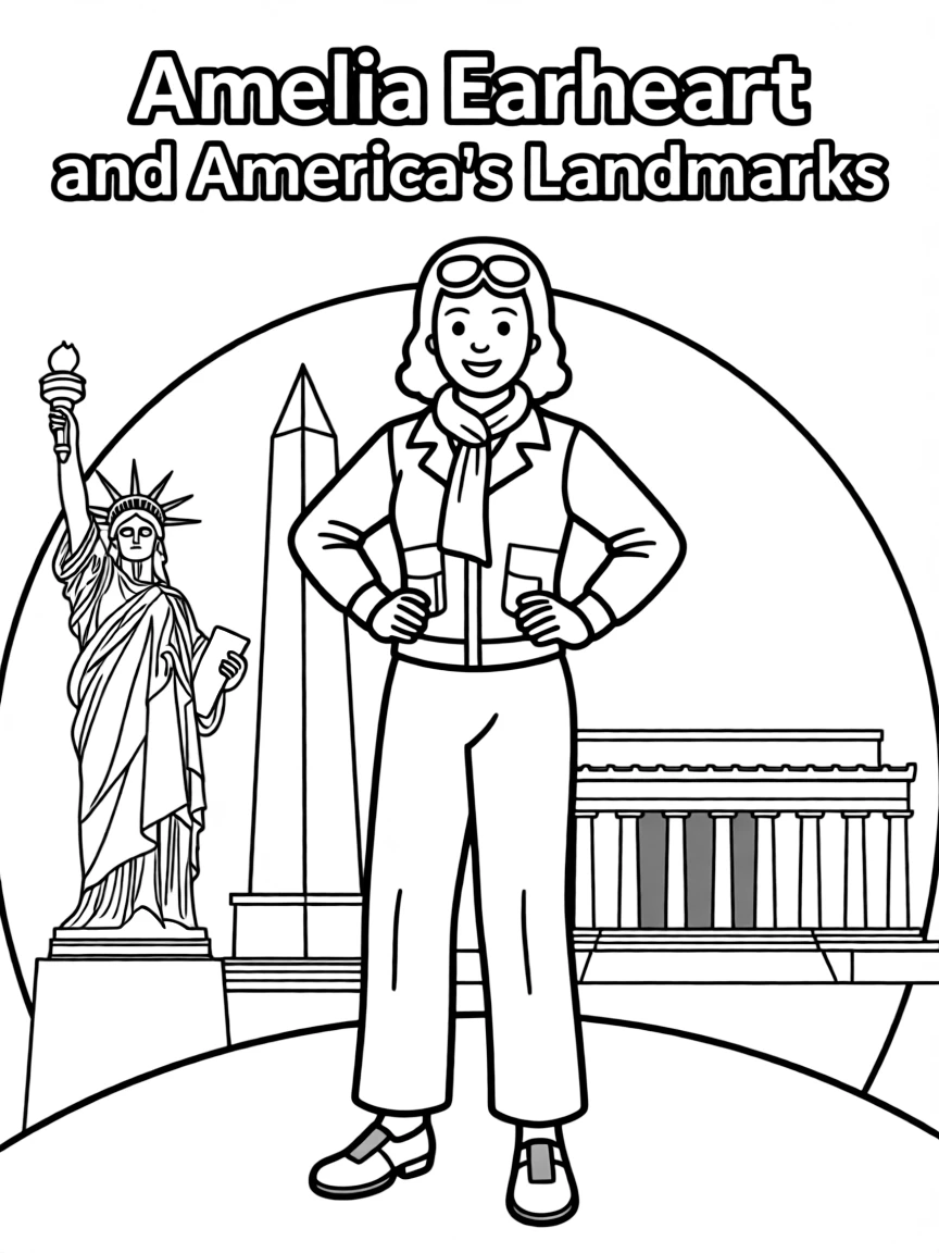 Amelia Earhart standing proudly with historical landmarks in the background.