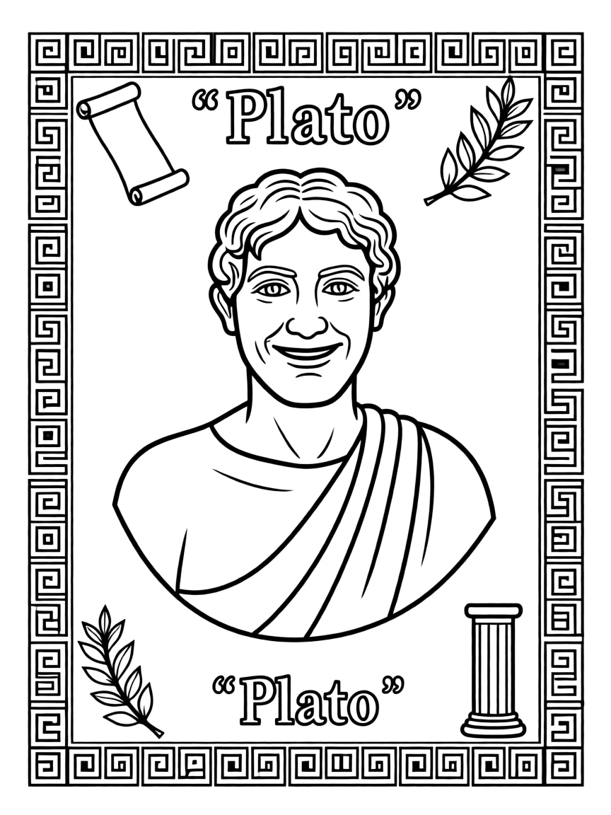 A portrait of Plato with a big smile, framed with decorative borders and symbols of their time period.