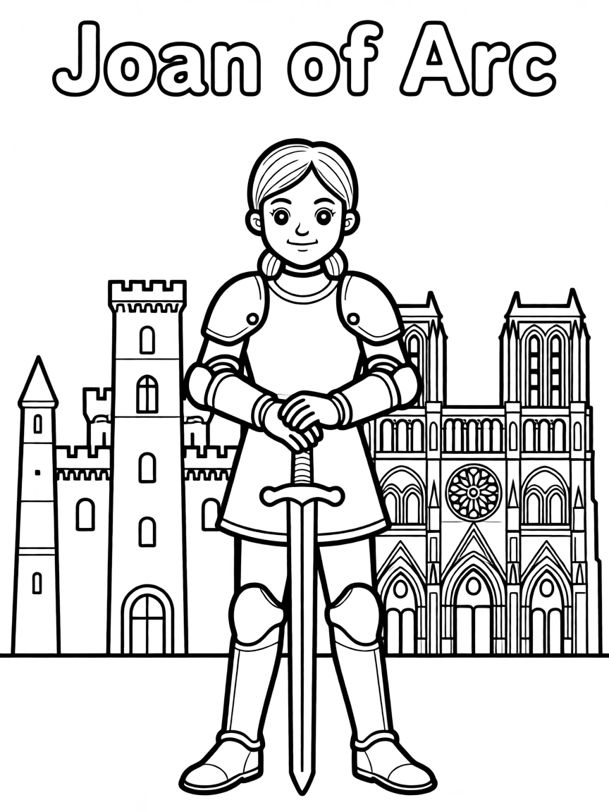Joan of Arc standing proudly with historical landmarks in the background.