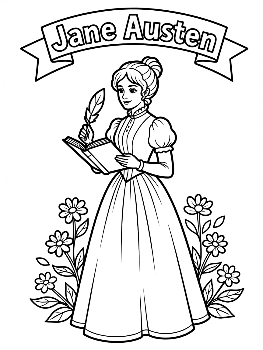 A cartoon-style drawing of Jane Austen.