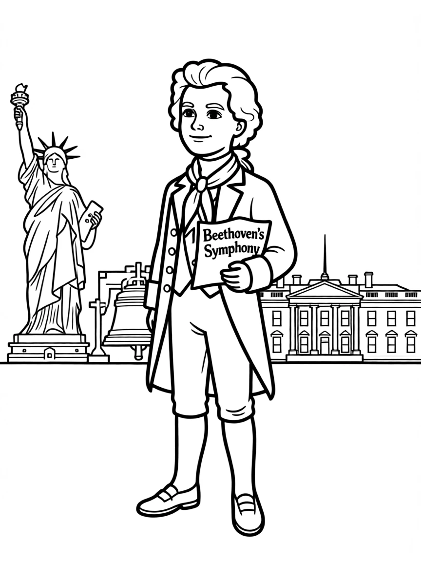 Beethoven standing proudly with historical landmarks in the background.