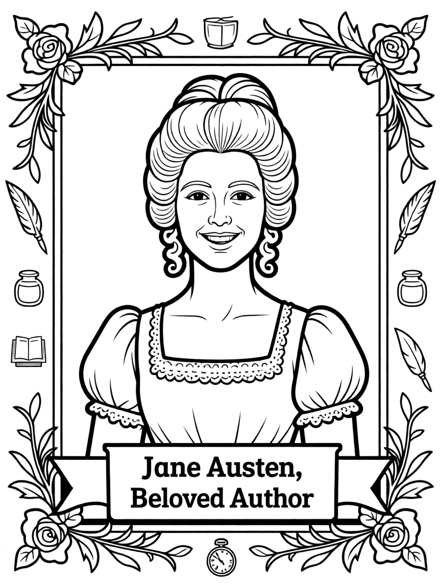 A portrait of Jane Austen with a big smile, framed with decorative borders and symbols of their time period.