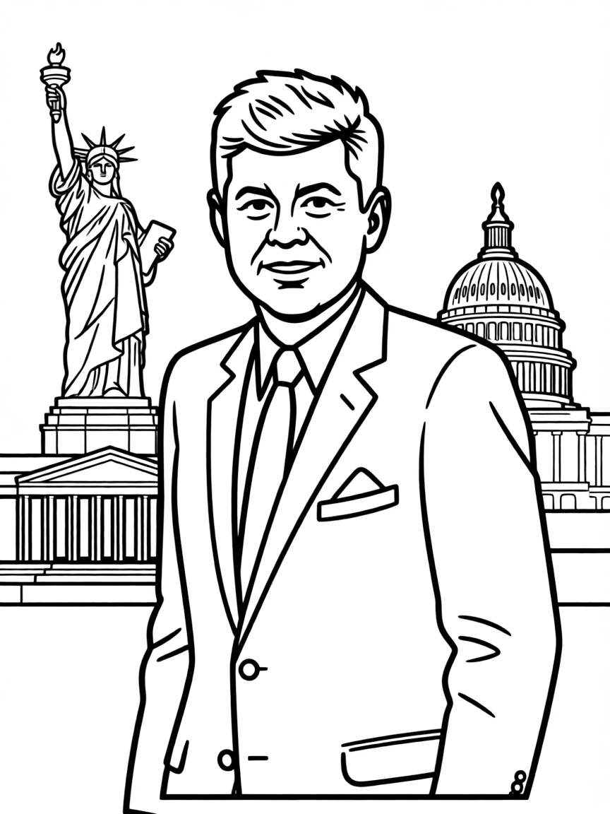 John F. Kennedy standing proudly with historical landmarks in the background.
