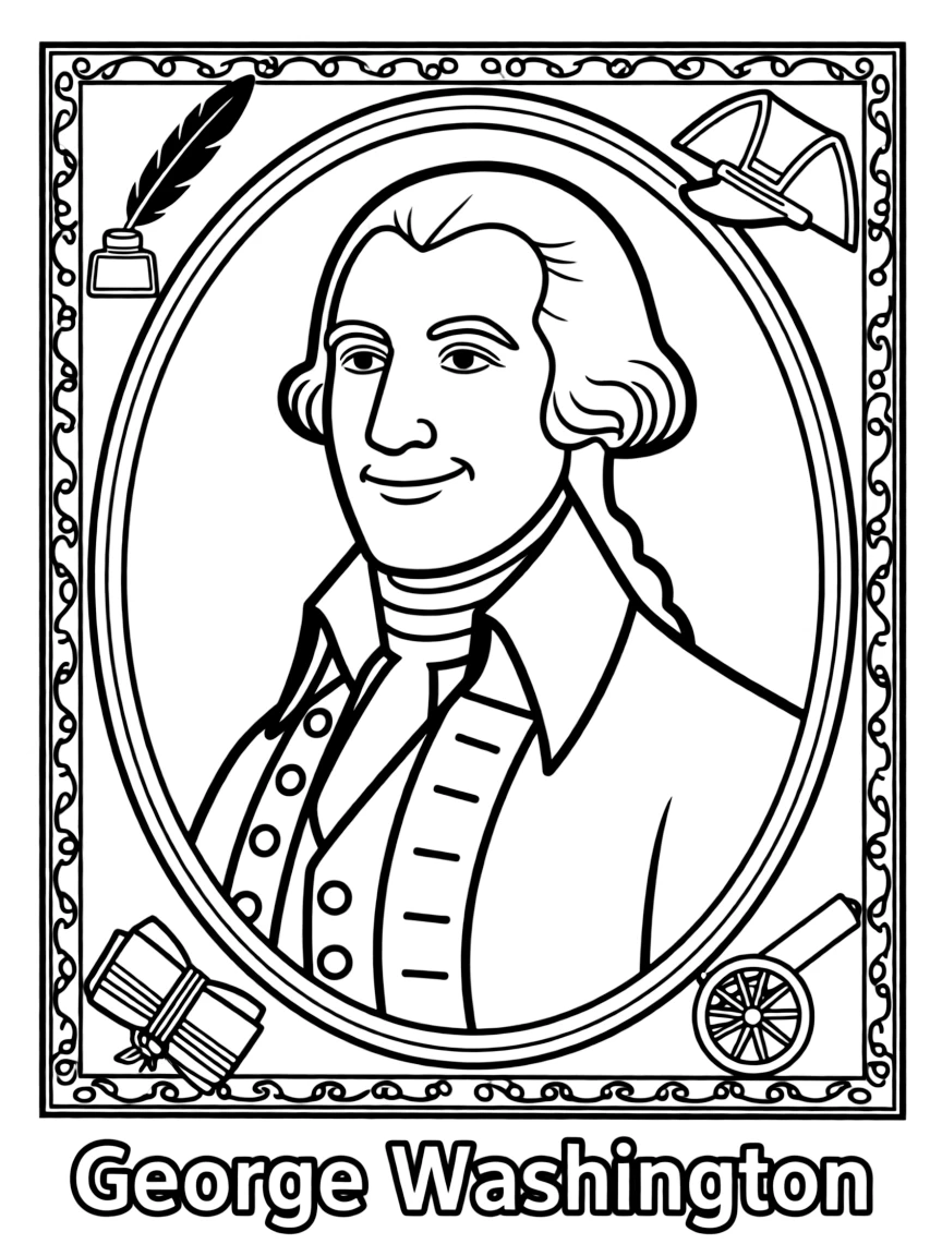 A portrait of George Washington with a big smile, framed with decorative borders and symbols of their time period.