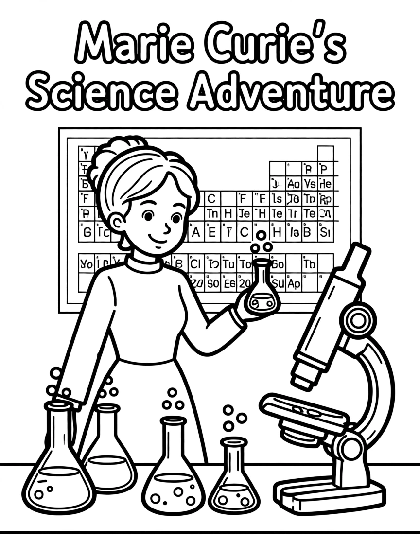 A playful scene showing Marie Curie.