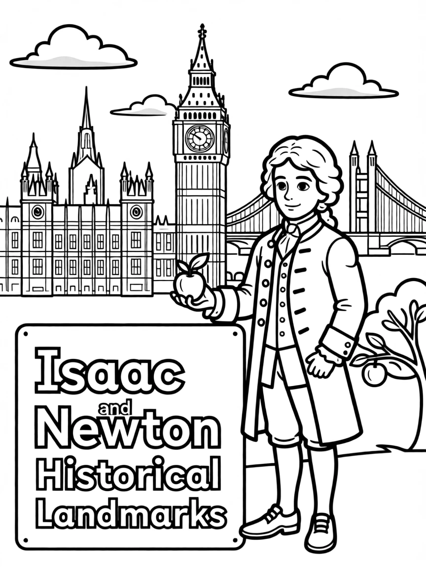 Isaac Newton standing proudly with historical landmarks in the background.