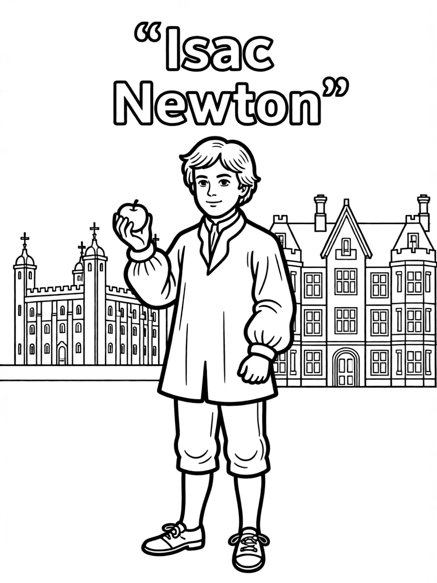 Isaac Newton standing proudly with historical landmarks in the background.